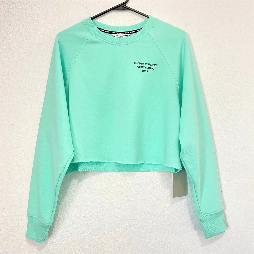 DKNY Sport Women's Cropped Terry Cloth Oversized Top Sweatshirt Green Size XS